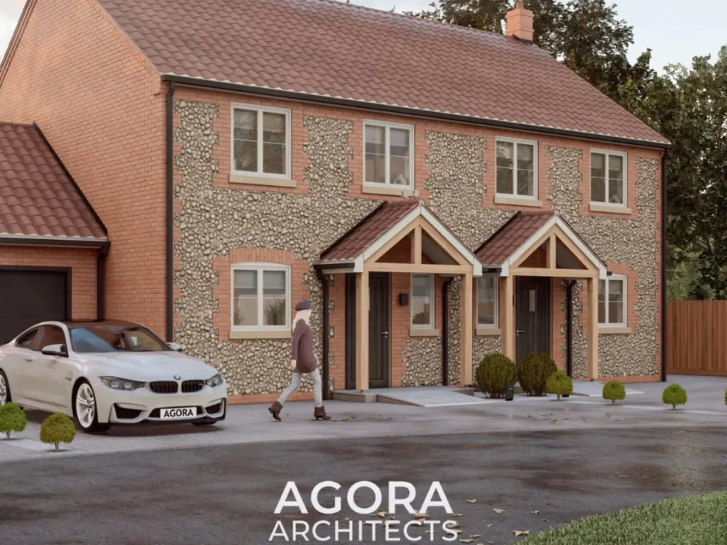 Car parked at a new build home in Burnham Market and a neighbour walking past. 